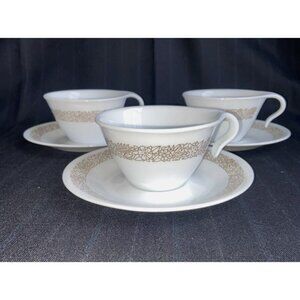 3 Vintage Corelle Woodland Brown cup & saucer sets hook handle Corning 6 pcs EUC